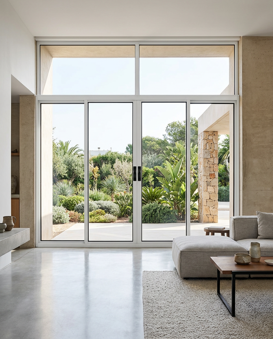 Janela panorâmica de 4 folhas em sala de estar integrada ao jardim