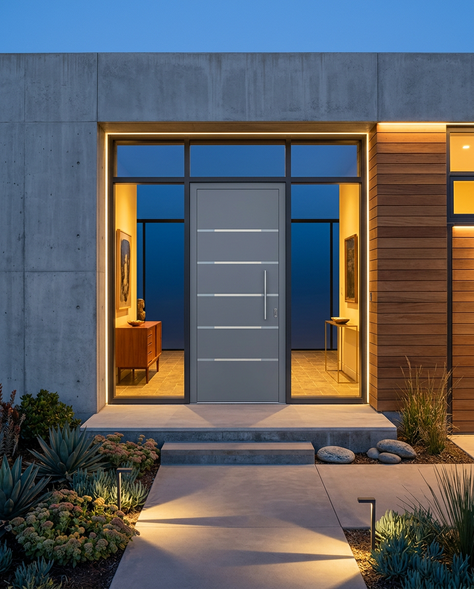 Porta de alumínio em fachada de concreto minimalista