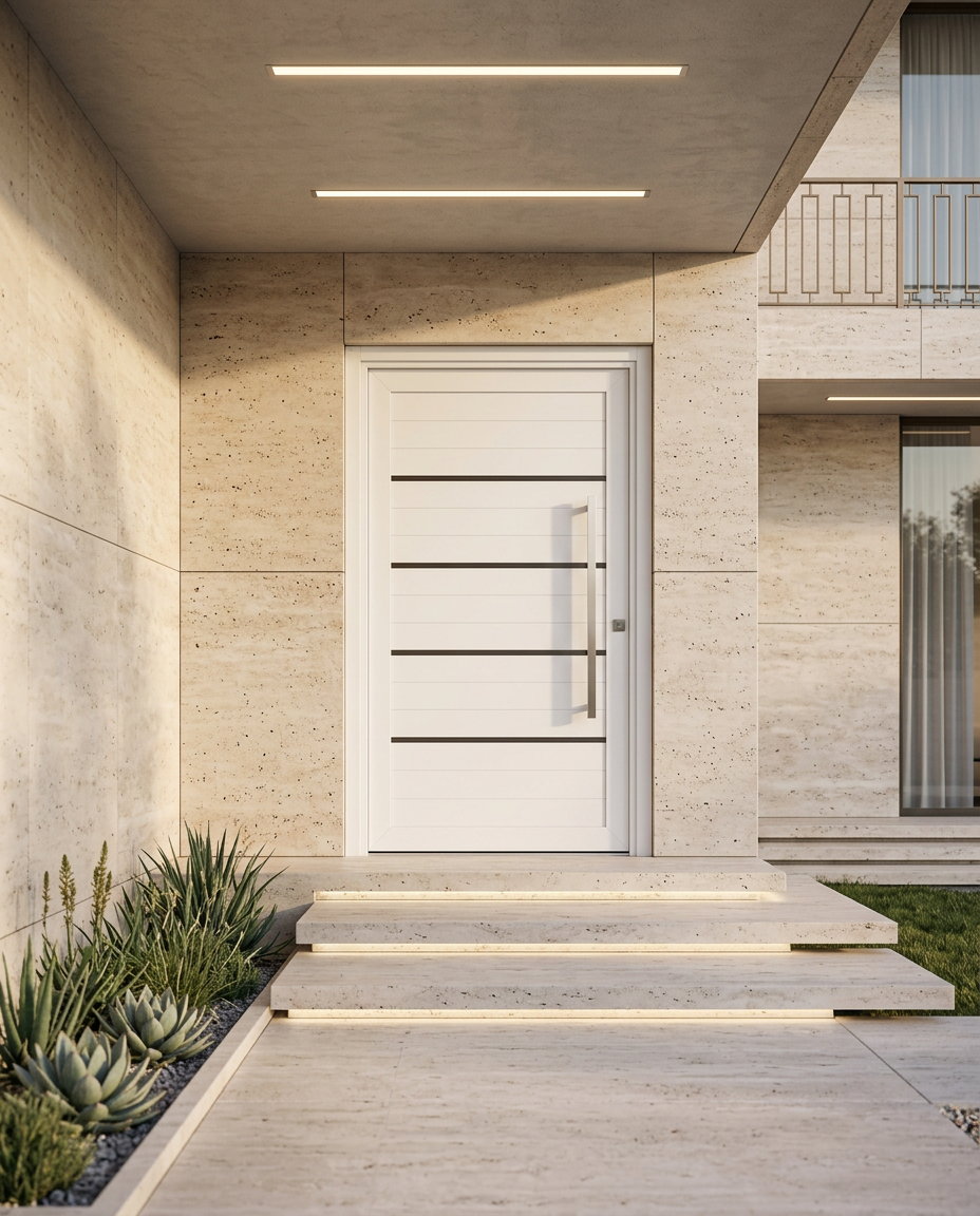 Porta branca em portal de travertino com iluminação linear