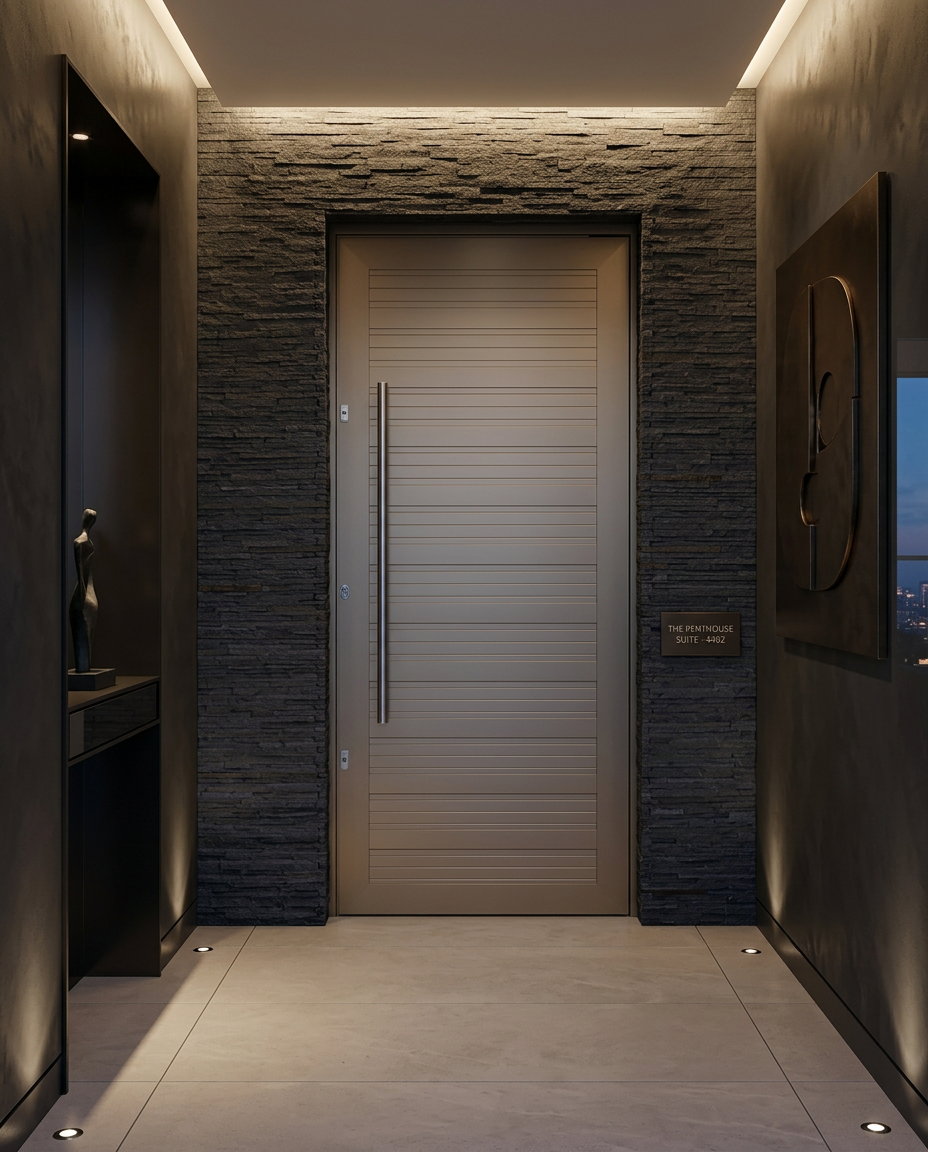 Porta de alumínio em corredor de penthouse