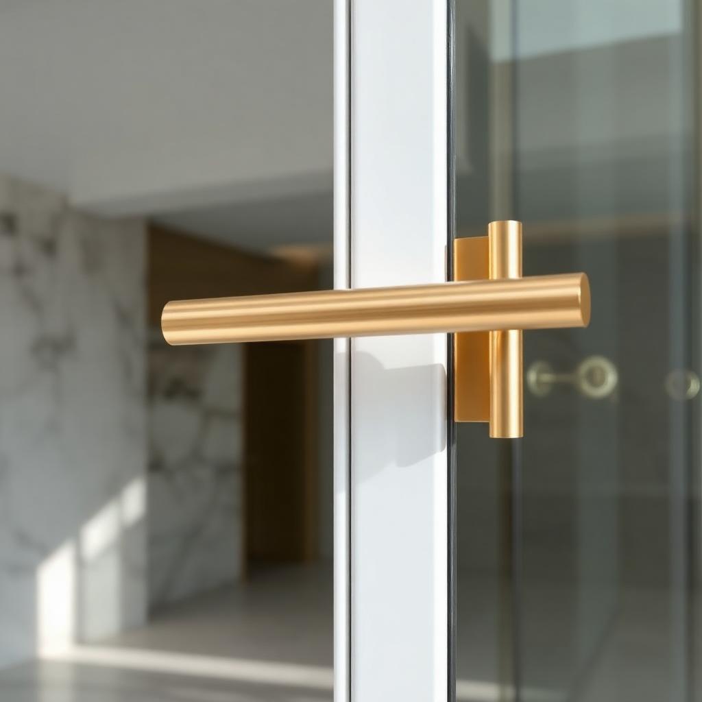 Puxador horizontal em champagne dourado sobre porta pivotante branca