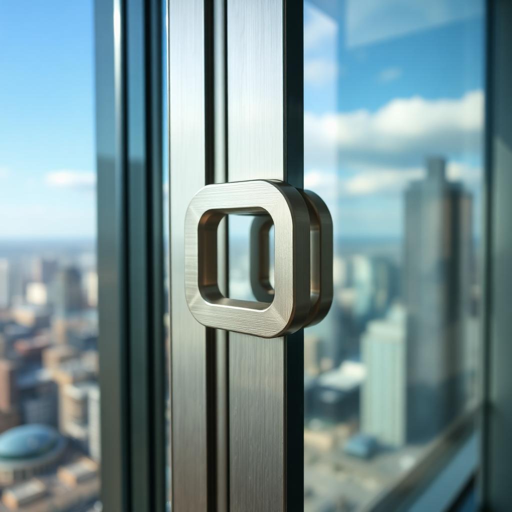 Puxador H em alumínio escovado sobre porta de vidro em penthouse