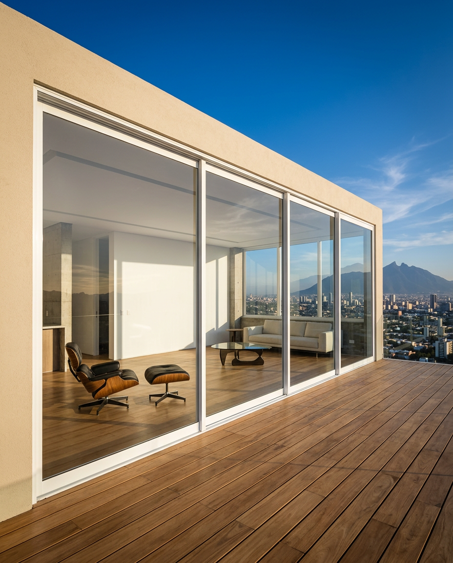 Sacada envidraçada em terraço com vista panorâmica