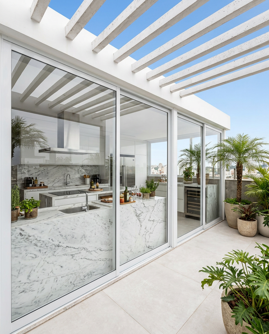 Área gourmet com vidros e pérgola em cobertura de alto padrão