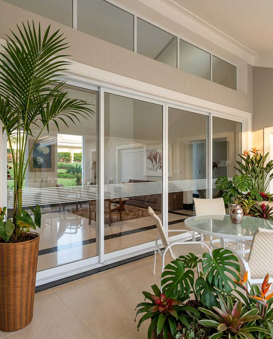 Varanda envidraçada com vidros jateados decorativos