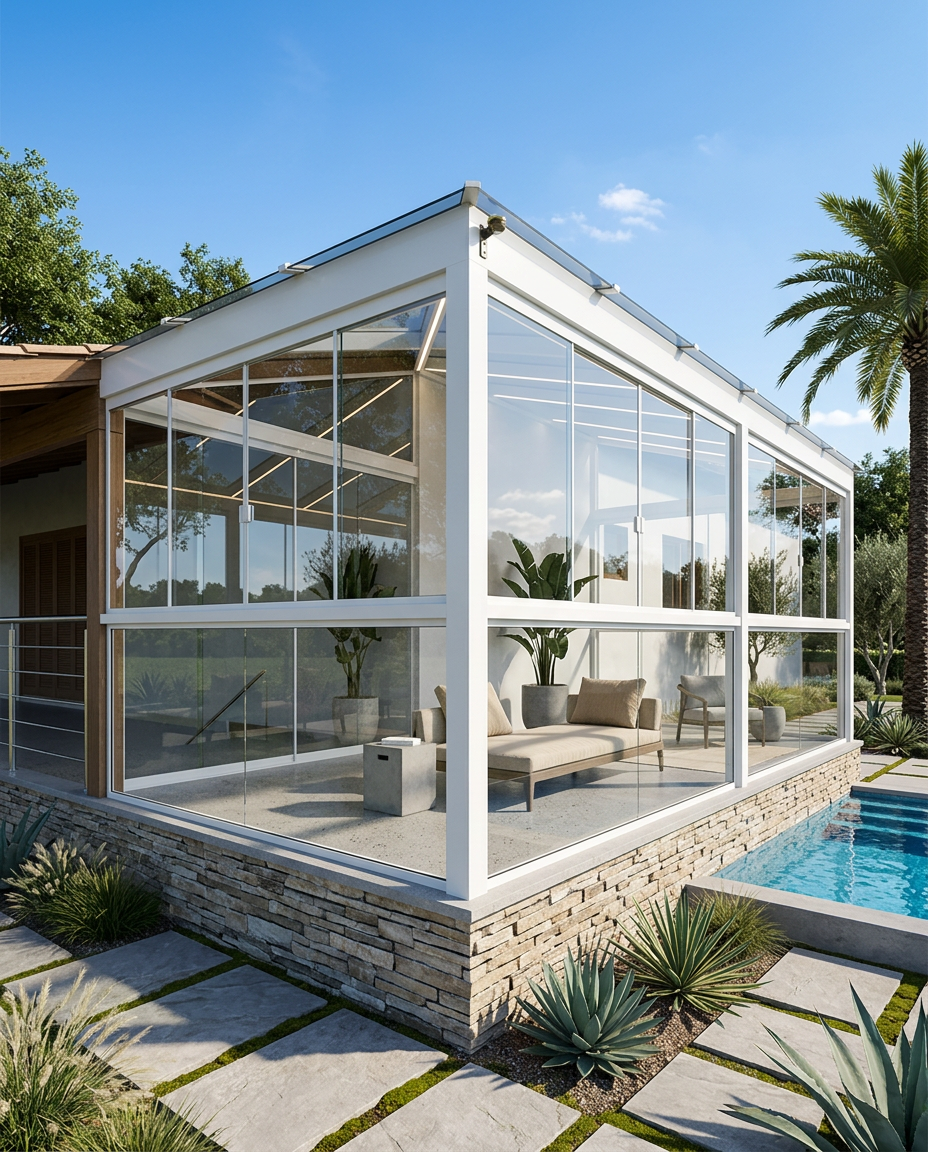 Estufa envidraçada contemporânea ao lado da piscina