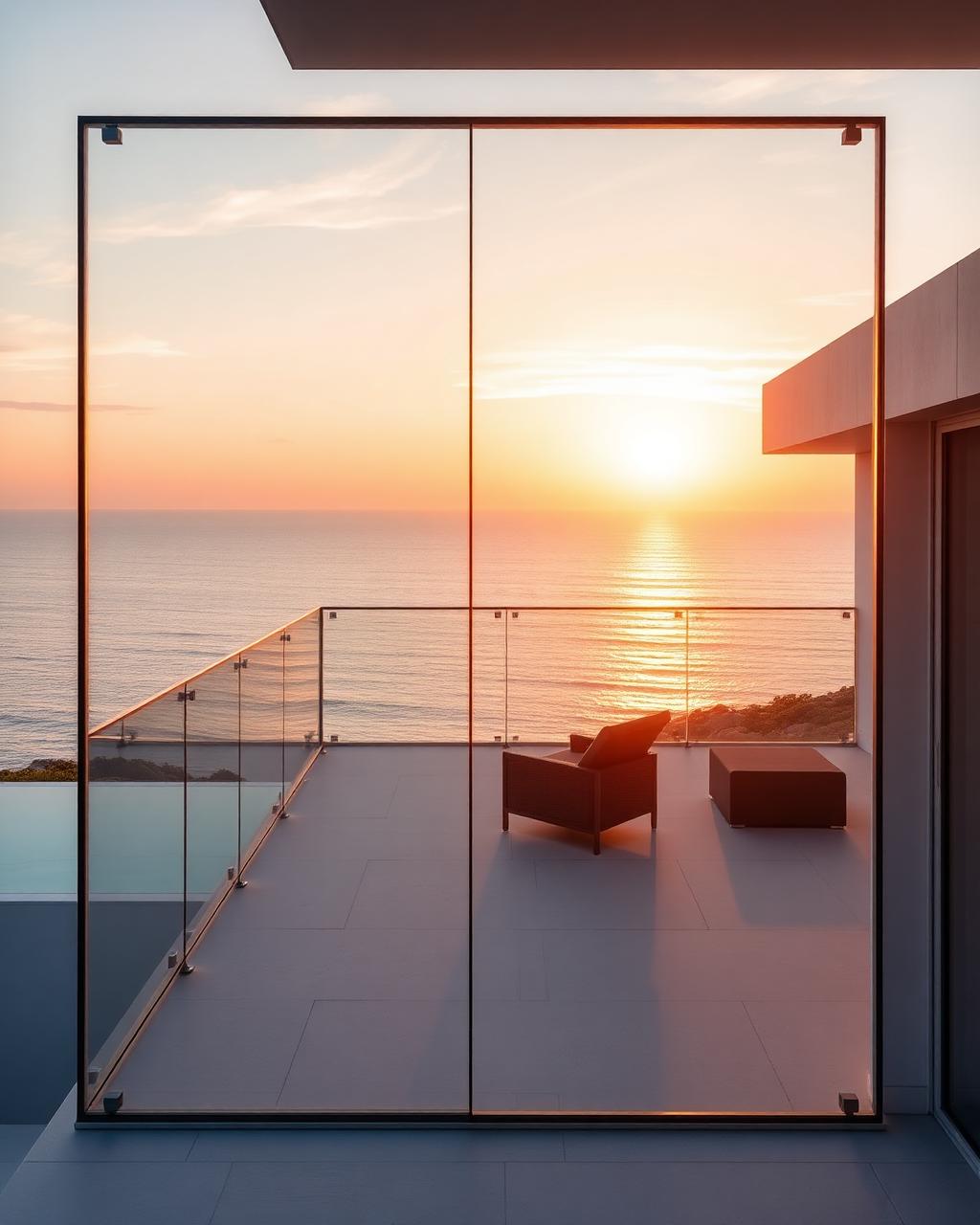 Guarda-corpo de vidro em varanda com vista para o mar ao pôr do sol