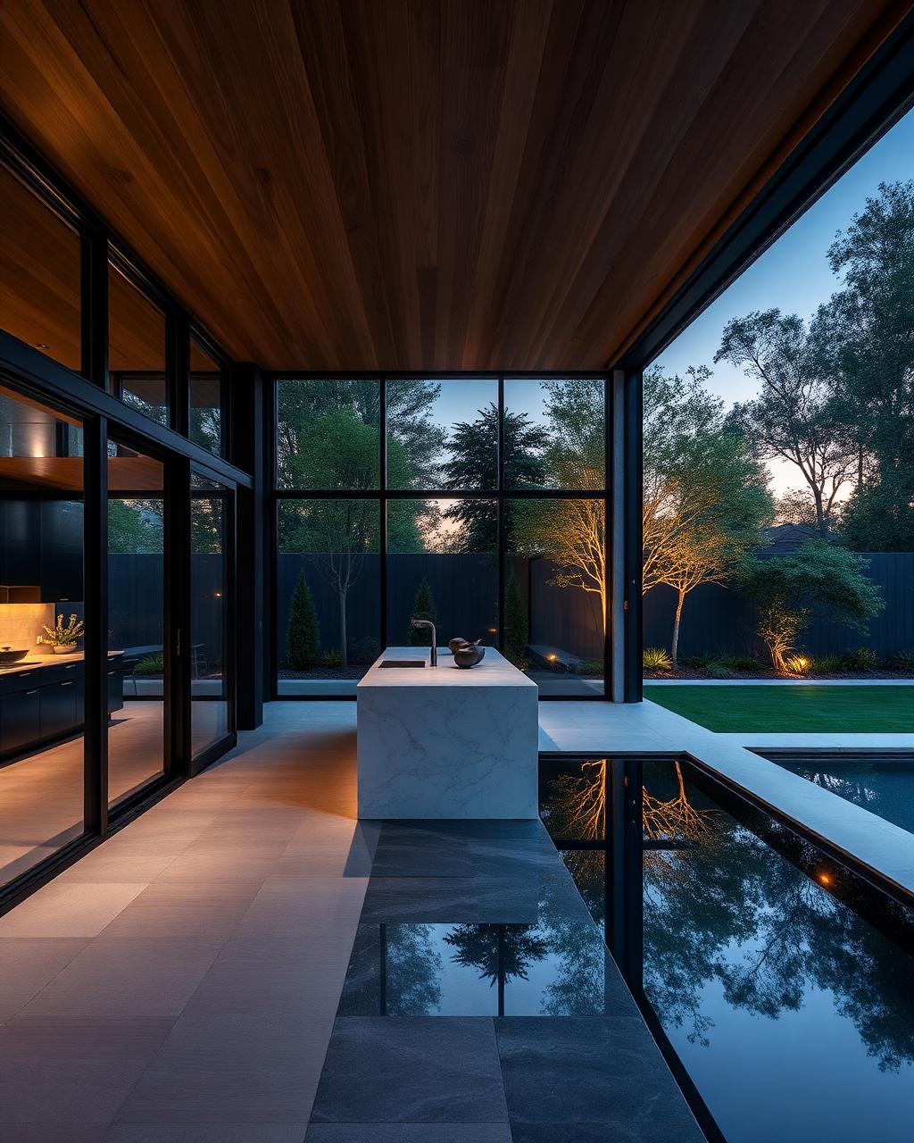 Ambiente envidraçado com espelho d'água e jardim iluminado